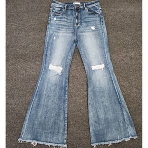 Risen Jeans Womens 1XL Blue Medkun Wash Distressed Flare Jeans Raw Hem Stretch